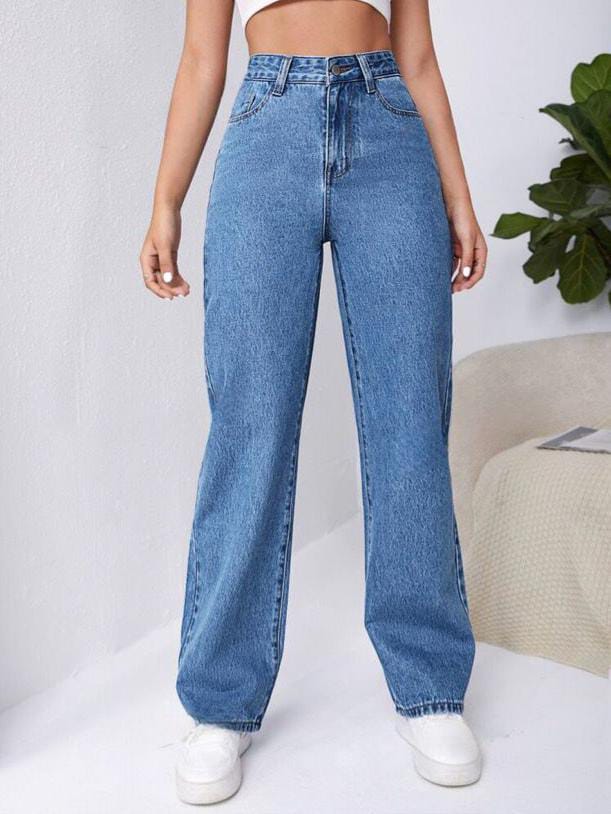 High Waist Stone Blue Wide Leg Denim