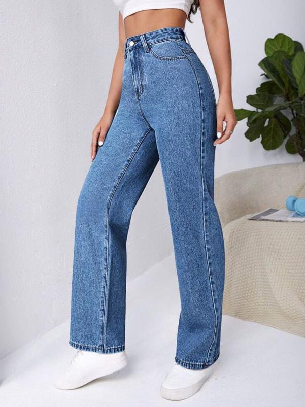 High Waist Stone Blue Wide Leg Denim