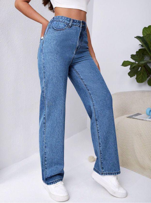 High Waist Stone Blue Wide Leg Denim