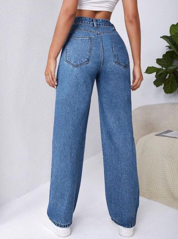 High Waist Stone Blue Wide Leg Denim