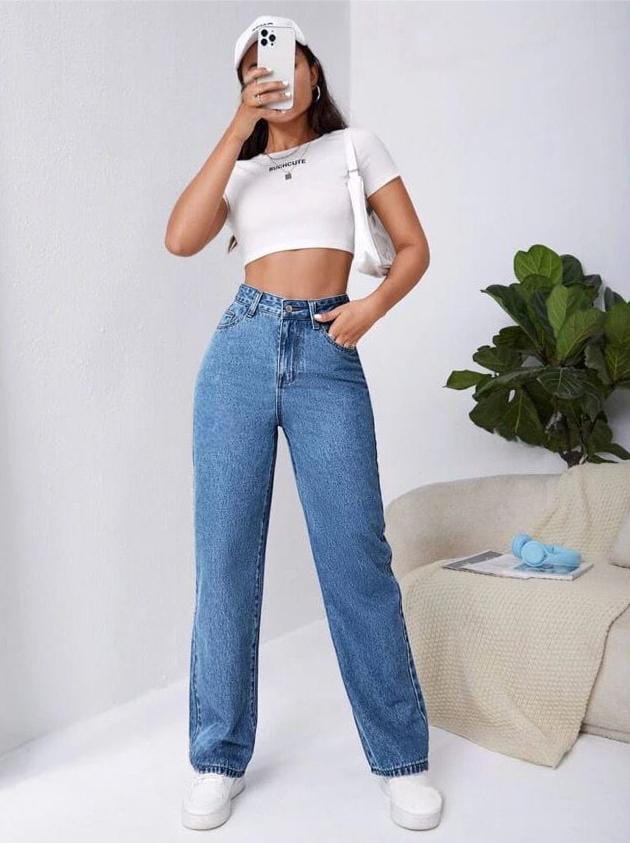 High Waist Stone Blue Wide Leg Denim