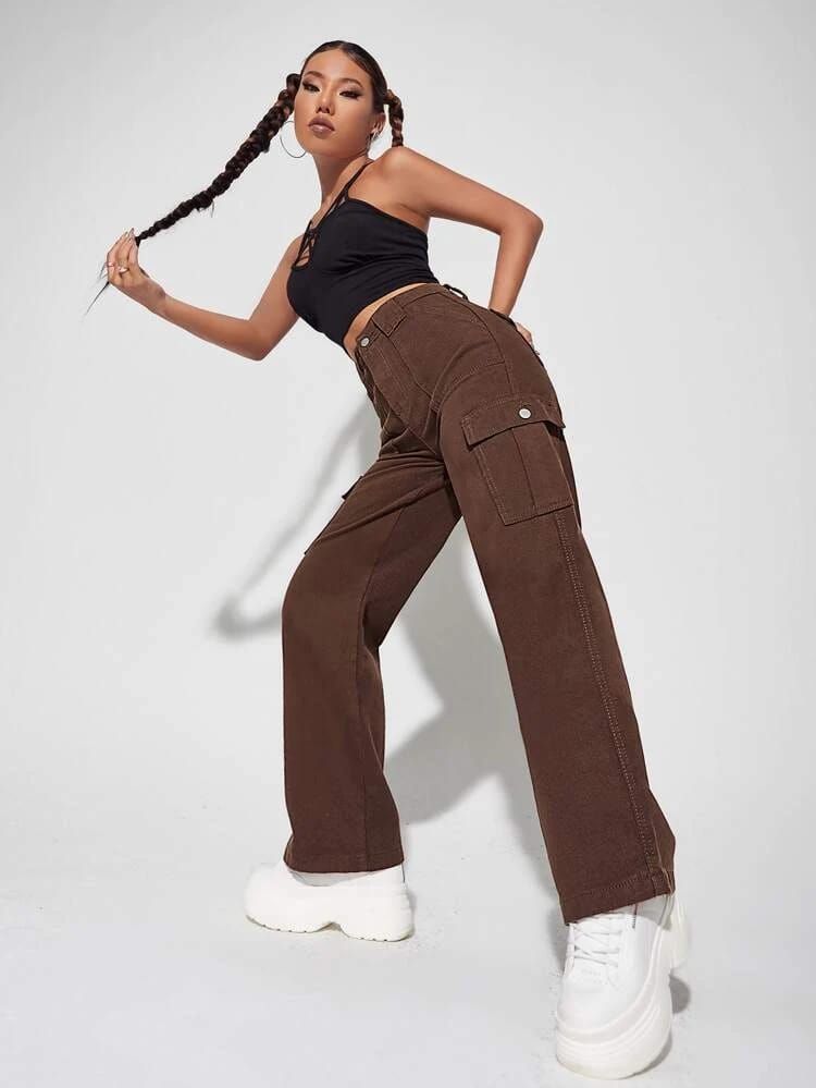 High Waist Six Pocket Brown Cargo Wide Leg Denim