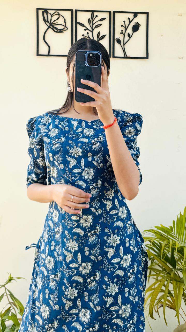 Cotton Printed Blue Puff Sleeves Straight Kurta