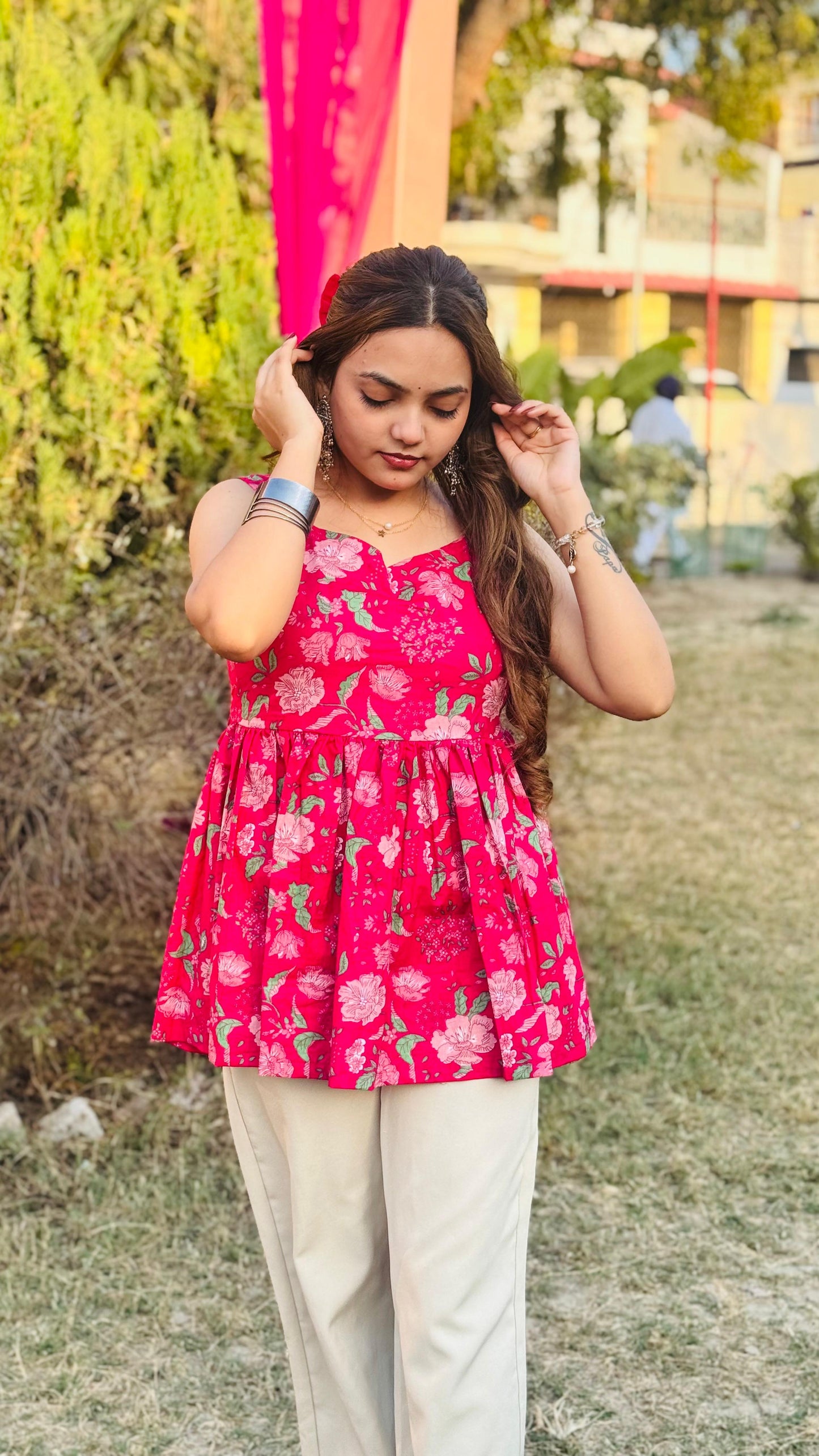 Cotton Flared Pink Backless Neck Design Short Kurti