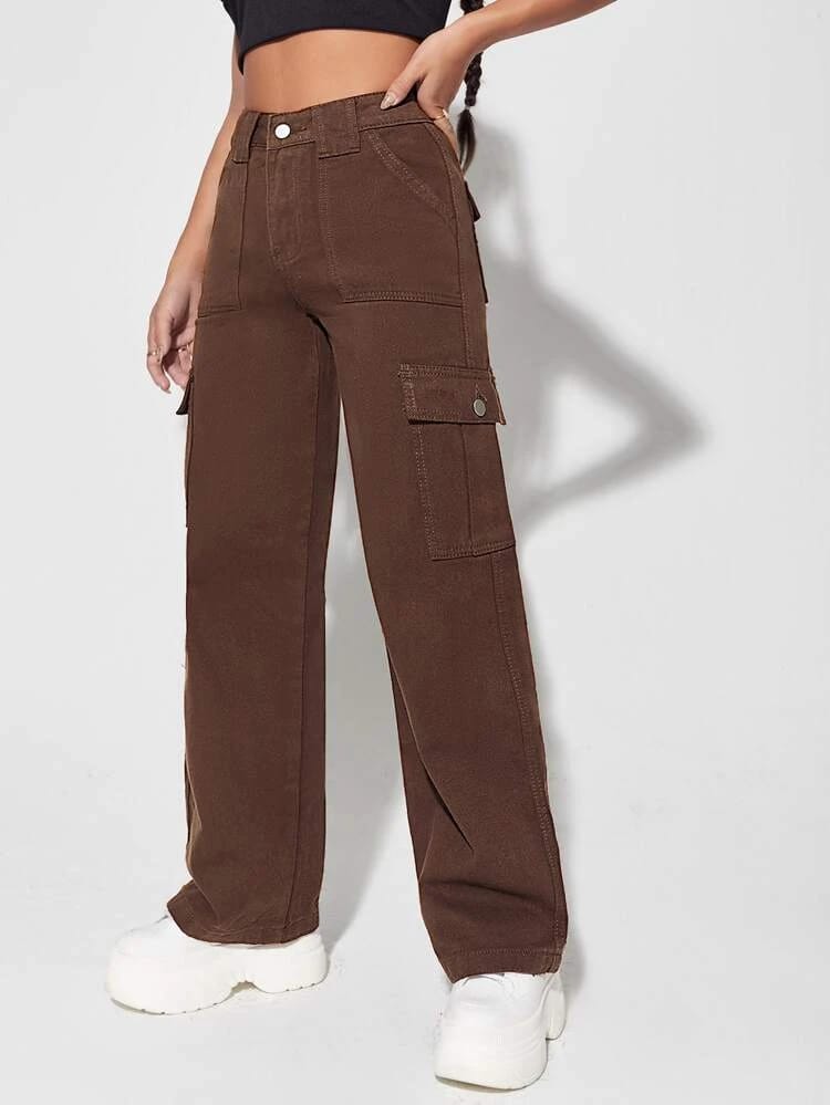 High Waist Six Pocket Brown Cargo Wide Leg Denim