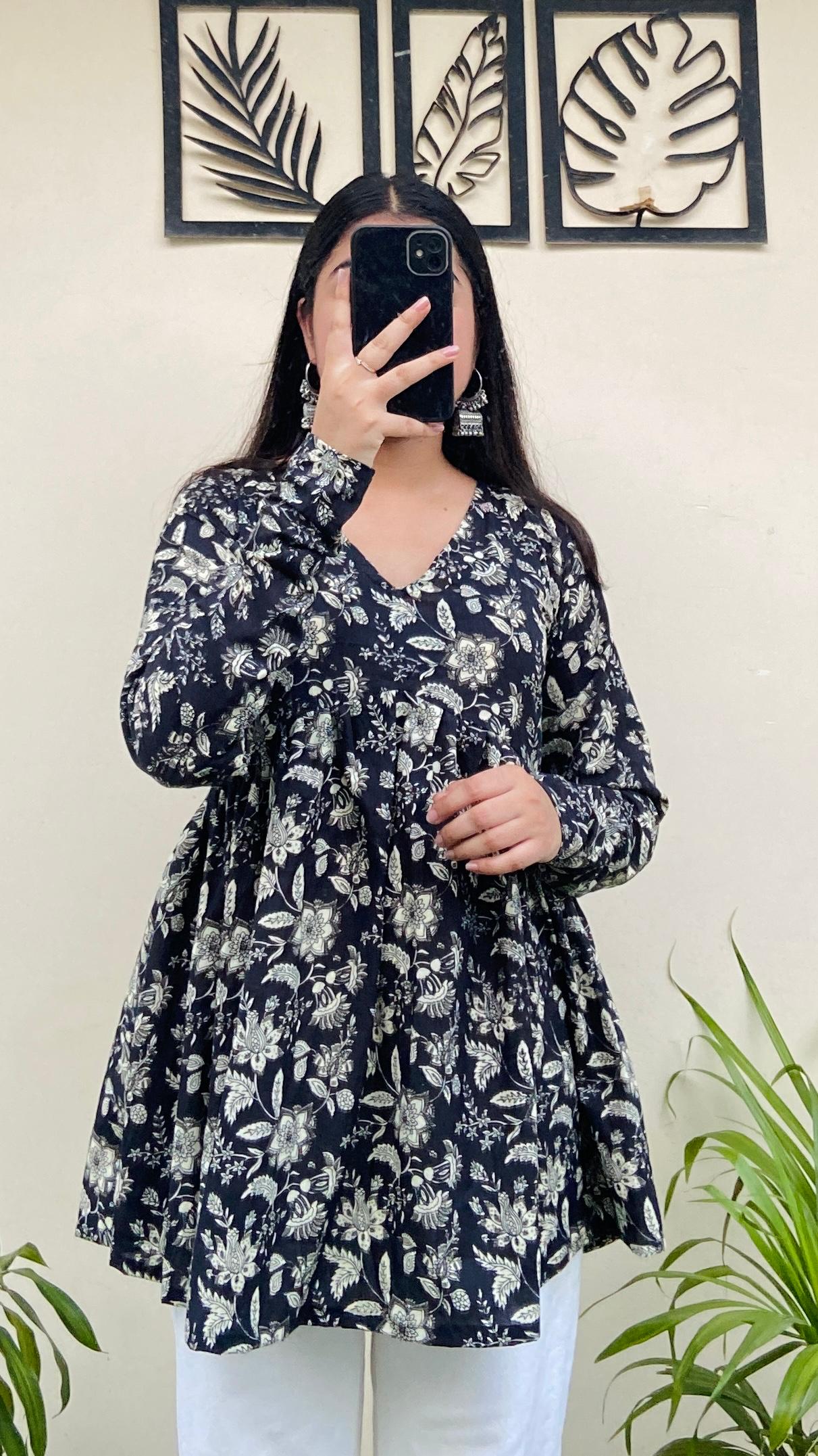 Cotton Flared Black Floral Print Aliacut Peplum Top