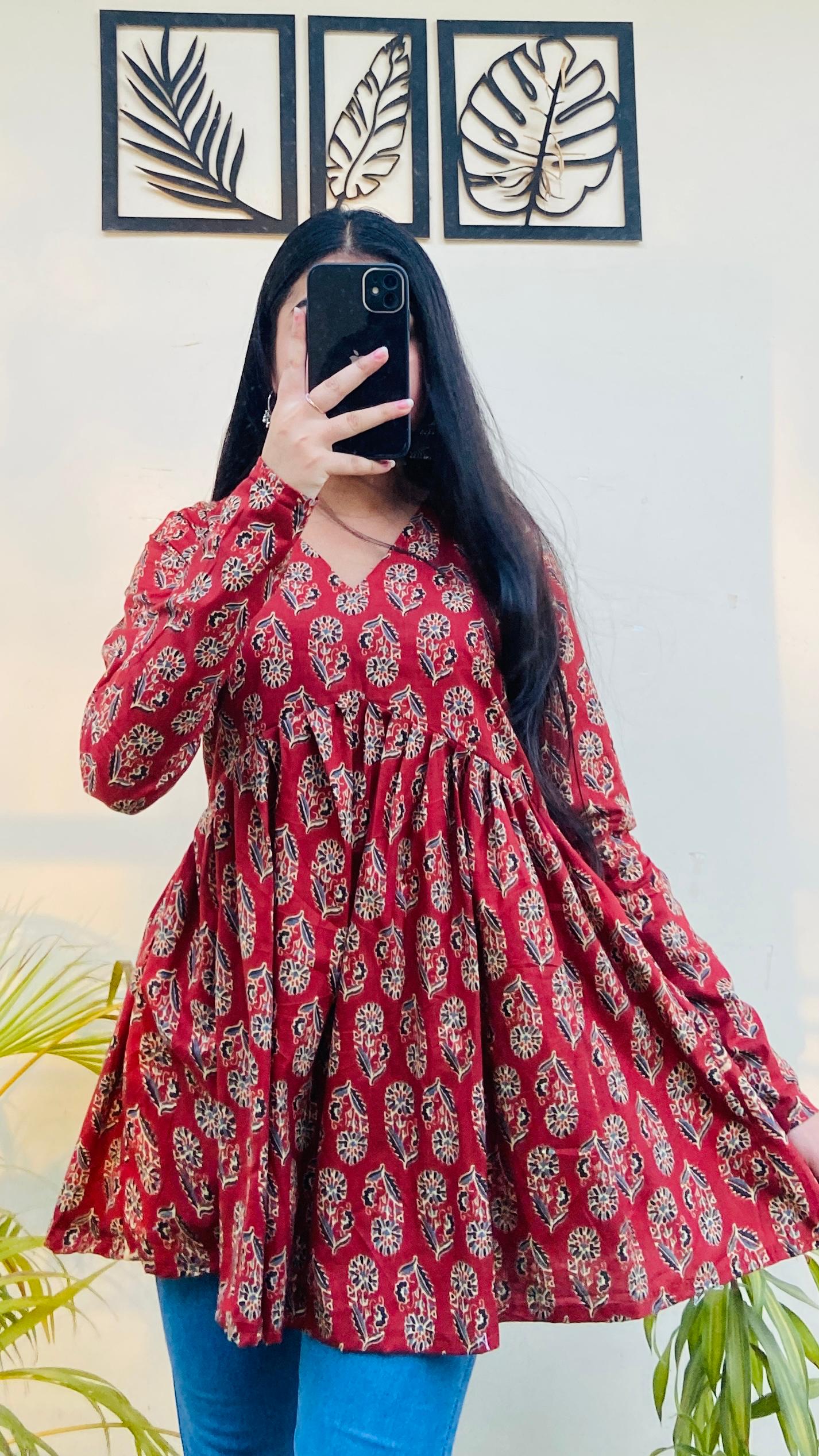 Cotton Flared Ajarakh Print Aliacut Peplum Top