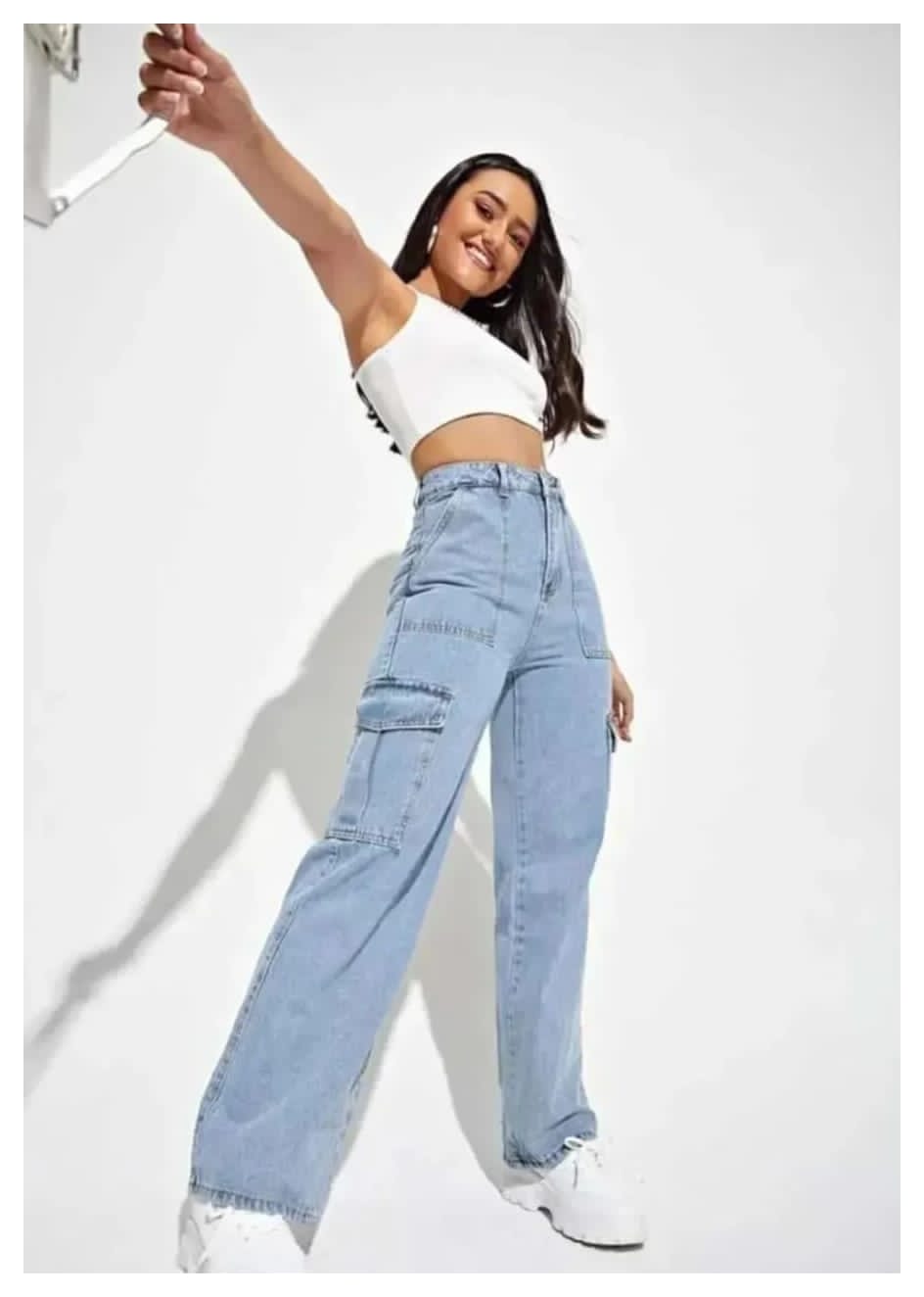High Waist Six Pocket Ice Blue Cargo Wide Leg Denim
