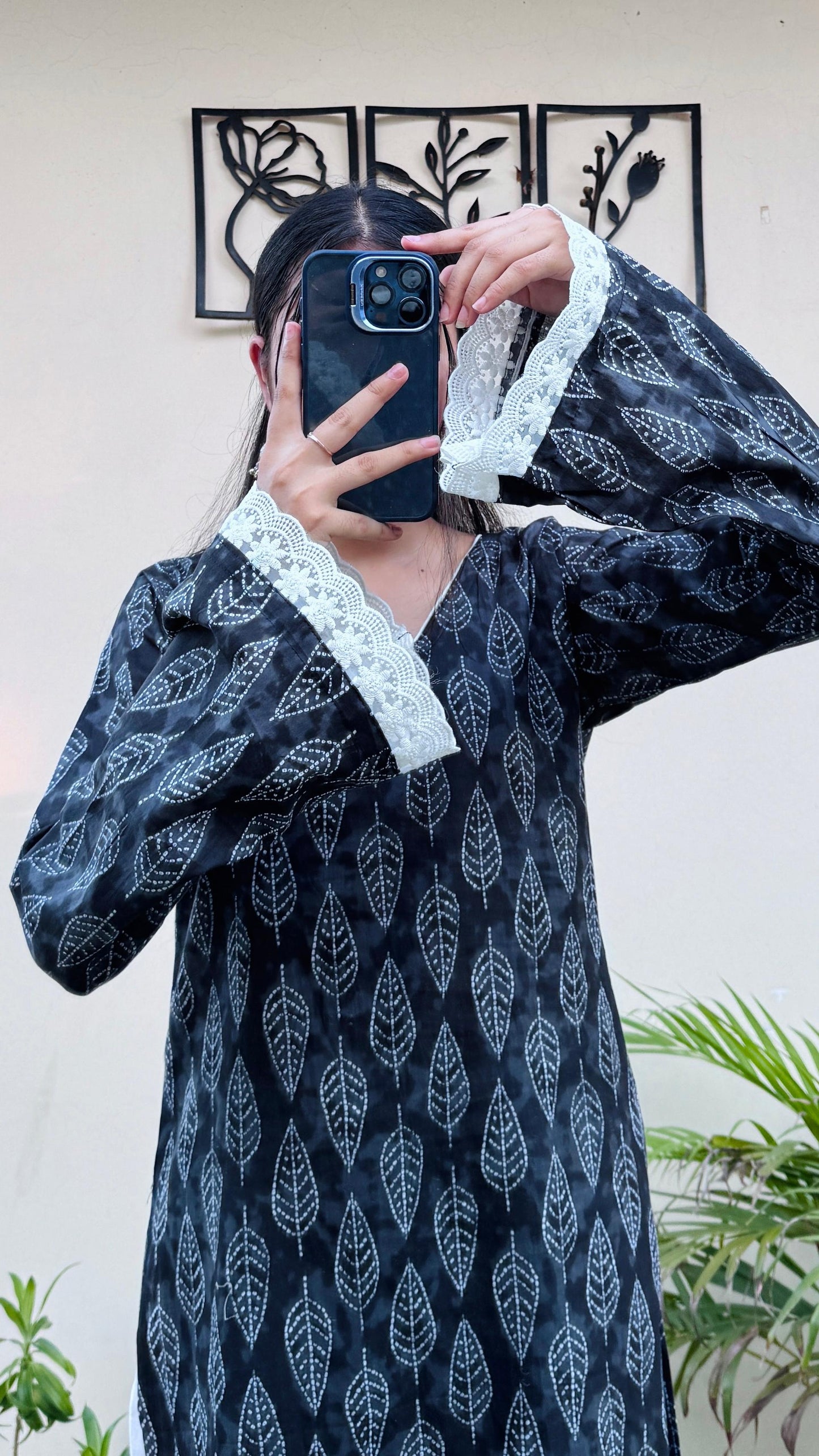 Cotton V-neck Lace Work Bellsleeves Long Kurti