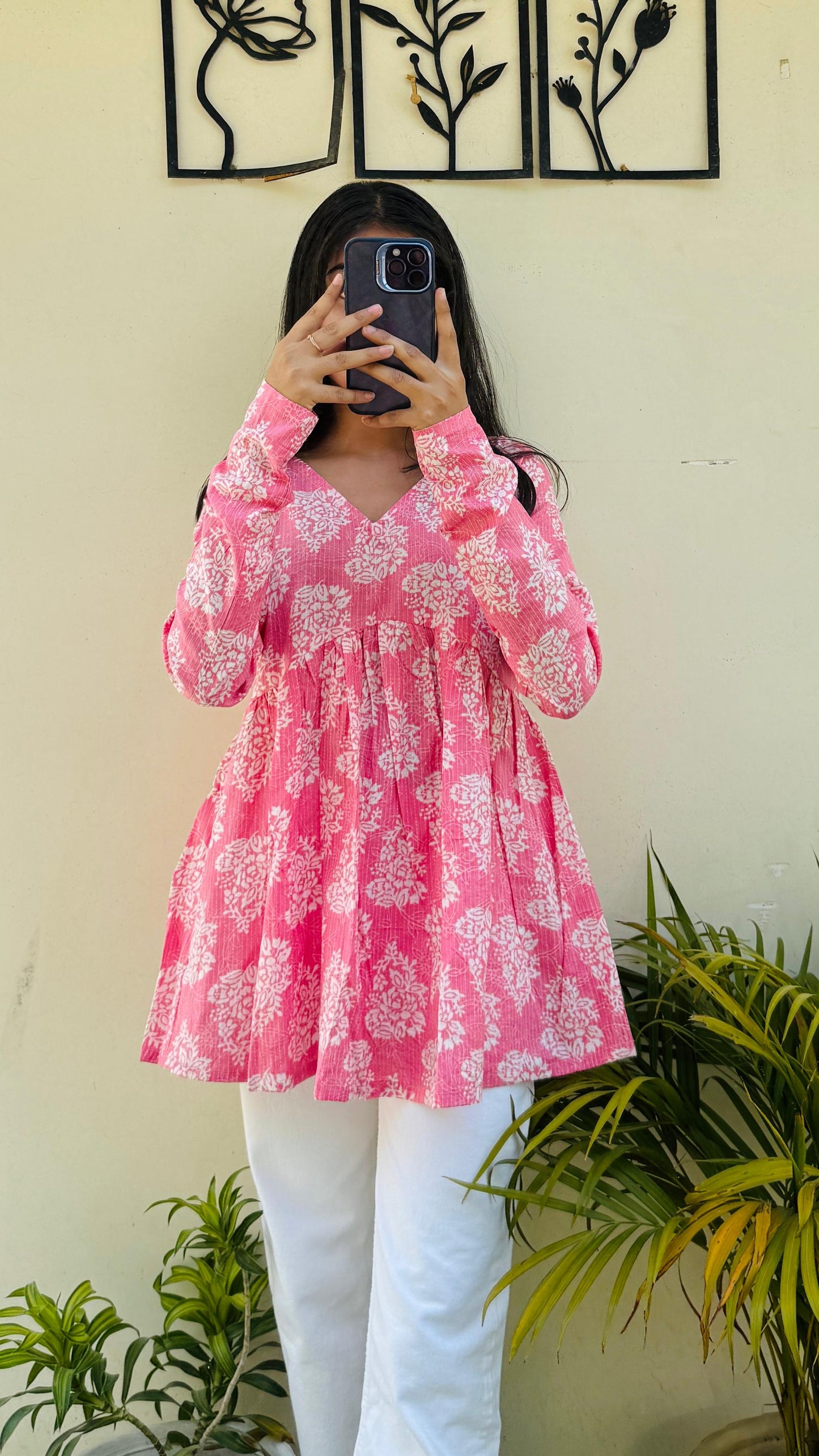 Katha Cotton Peach Flared Floral Print Aliacut Peplum Top