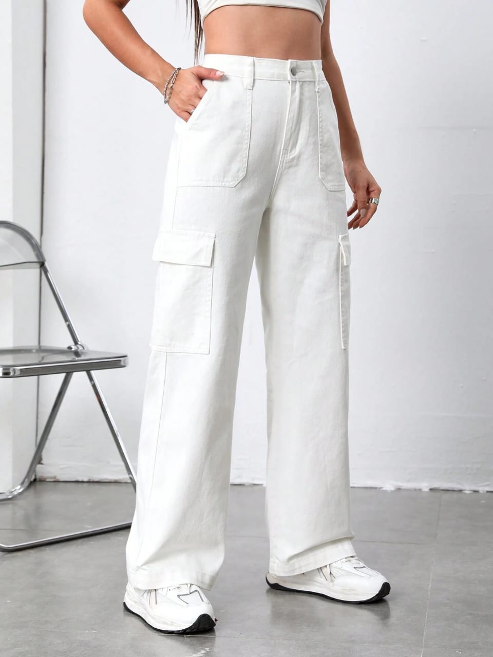 High Waist Six Pocket White Cargo Wide Leg Denim
