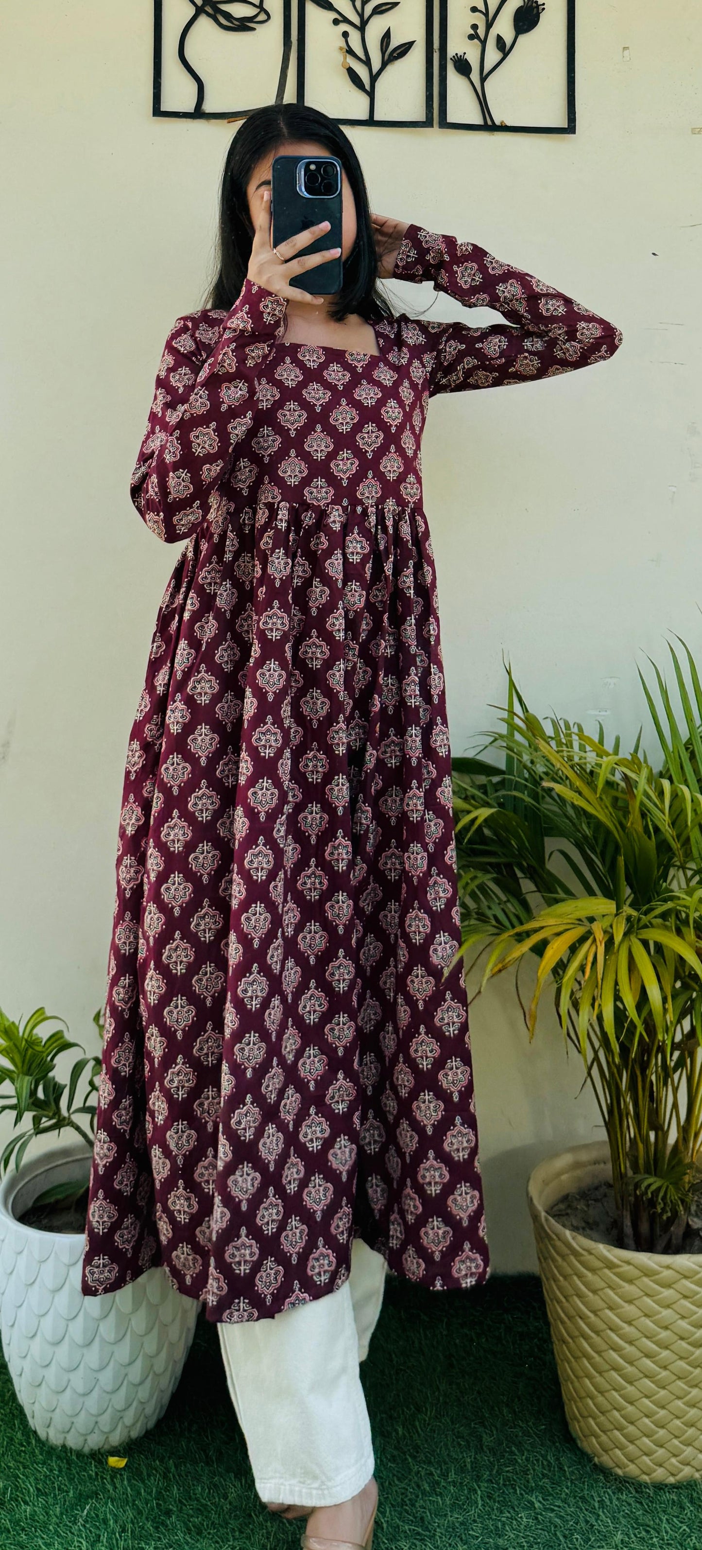 Cotton Full Sleeve Maroon Nayra Cut Long Kurti