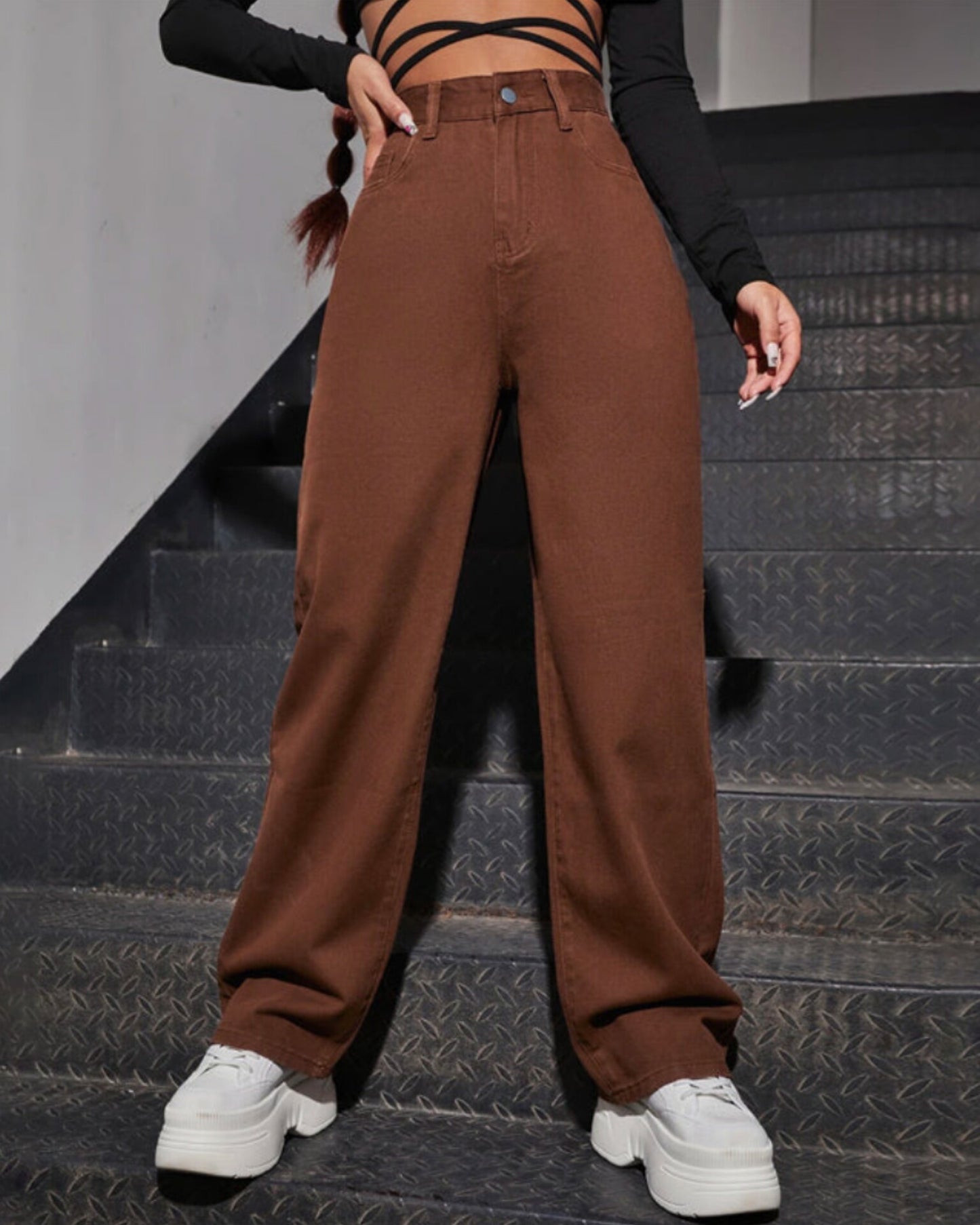 High Waist Brown Wide Leg Denim