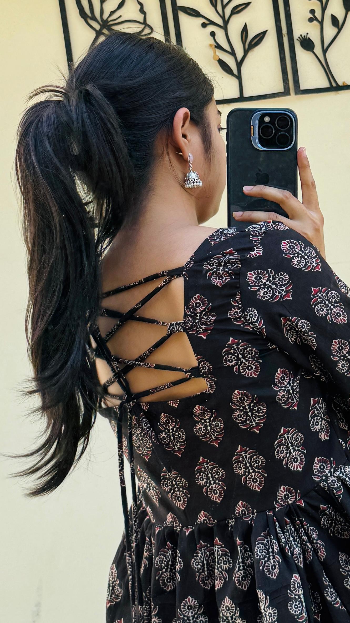Cotton Black Bellsleeves Backless Ajrakh Print Flared Aliacut Short Kurti