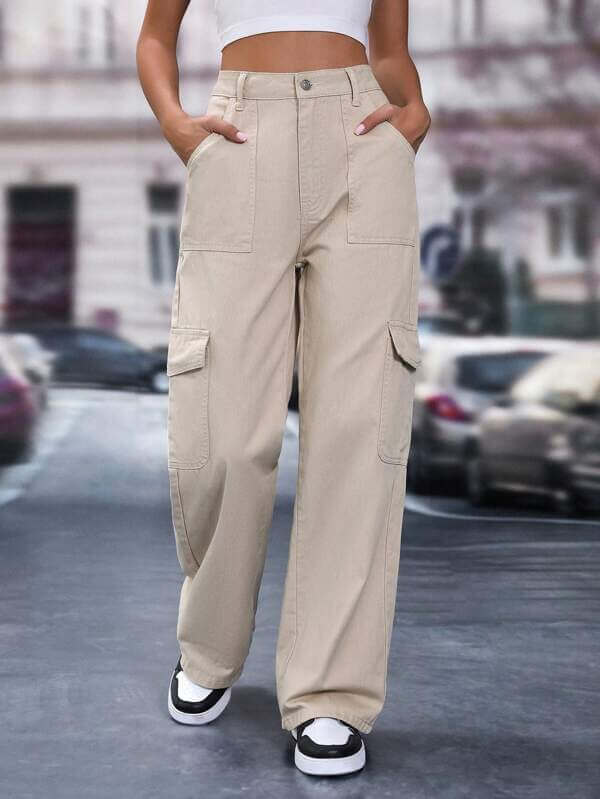 High Waist Six Pocket Beige Cargo Wide Leg Denim