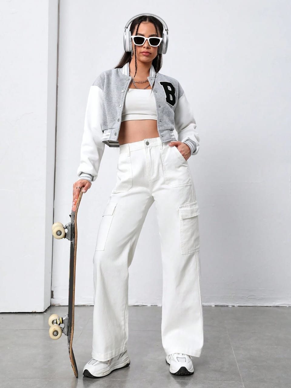 High Waist Six Pocket White Cargo Wide Leg Denim