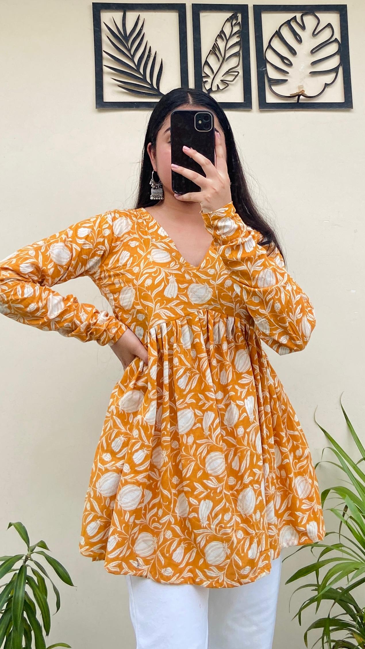 Cotton Flared Yellow Floral Print Aliacut Peplum Top