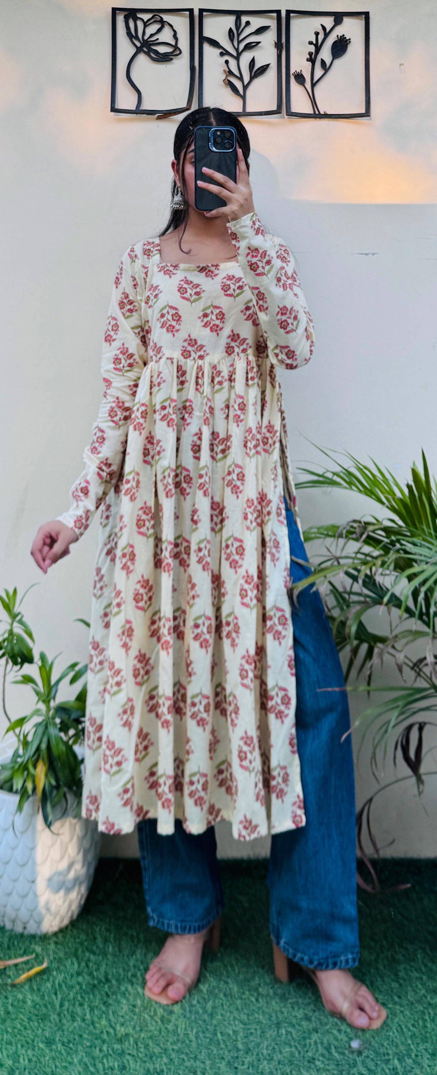 Cotton Full Sleeve Cream Nayra Cut Long Kurti