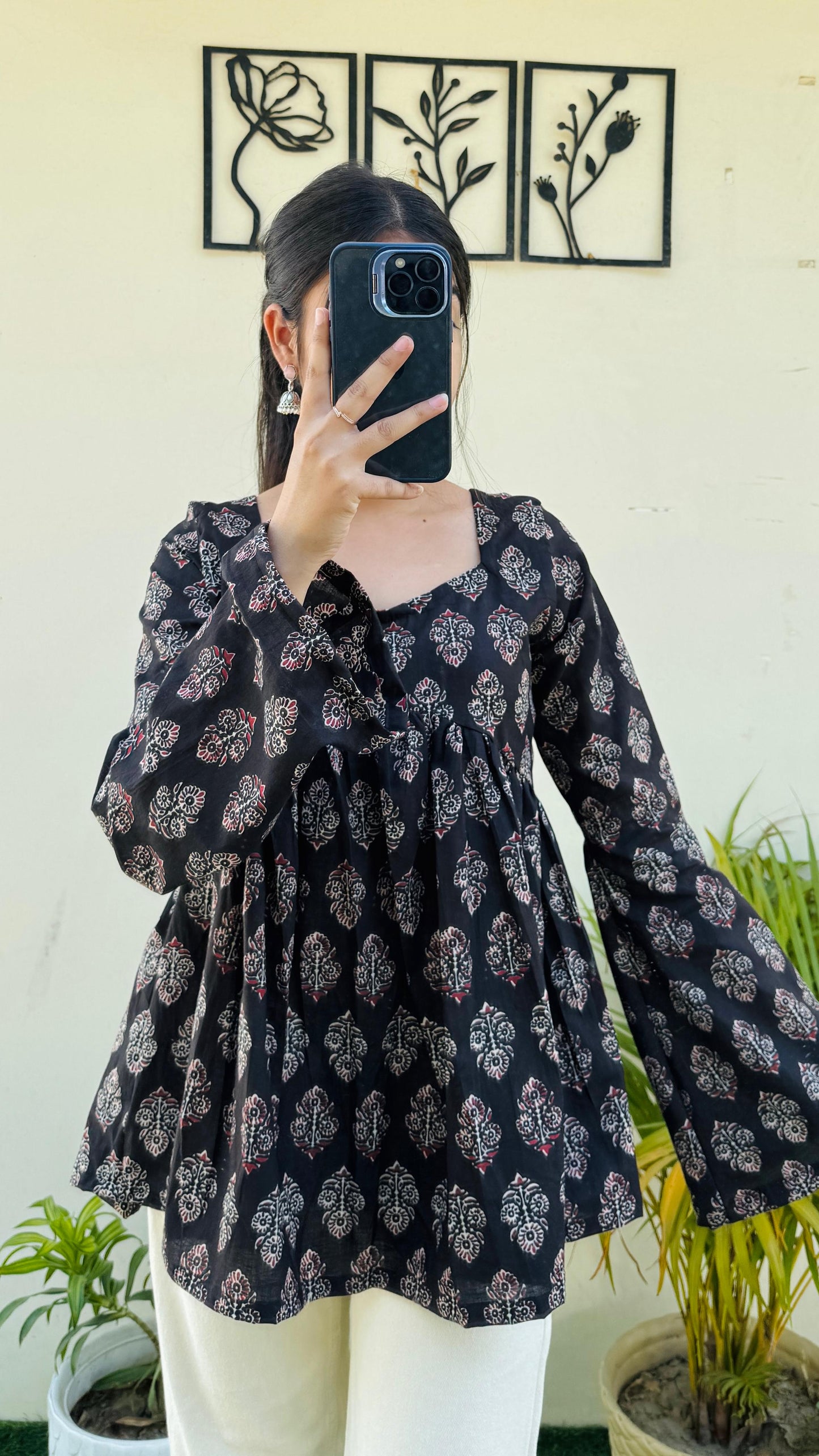 Cotton Black Bellsleeves Backless Ajrakh Print Flared Aliacut Short Kurti