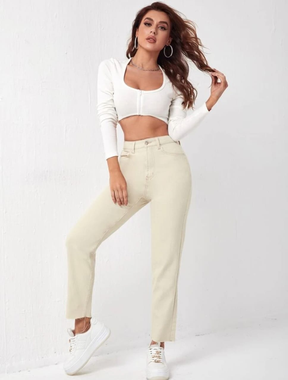 High Waist Cream Mom Fit Denim Jeans