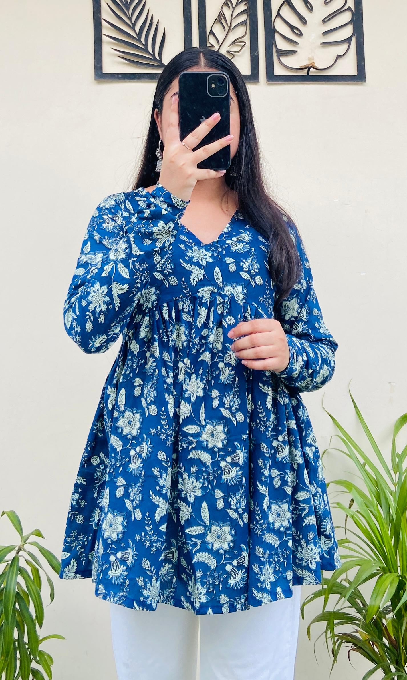 Cotton Flared Blue Floral Print Aliacut Peplum Top