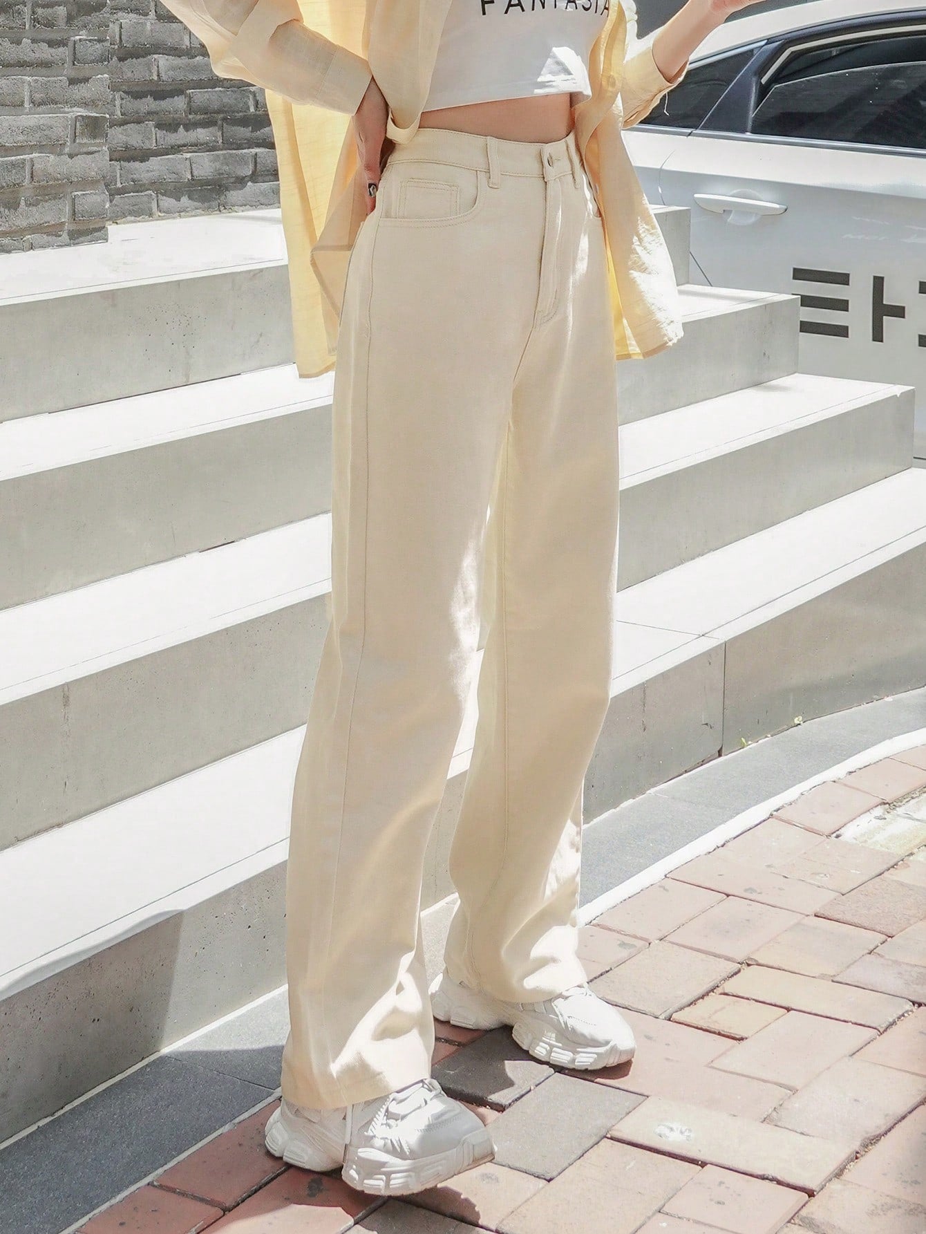 High Waist Cream Wide Leg Denim