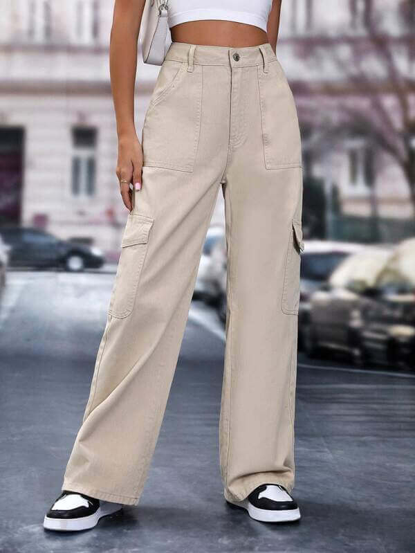 High Waist Six Pocket Beige Cargo Wide Leg Denim