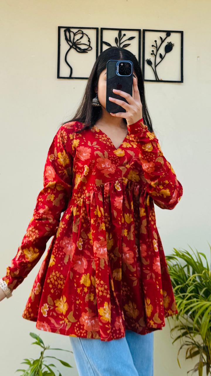 Cotton Flared Floral Print Aliacut Peplum Top