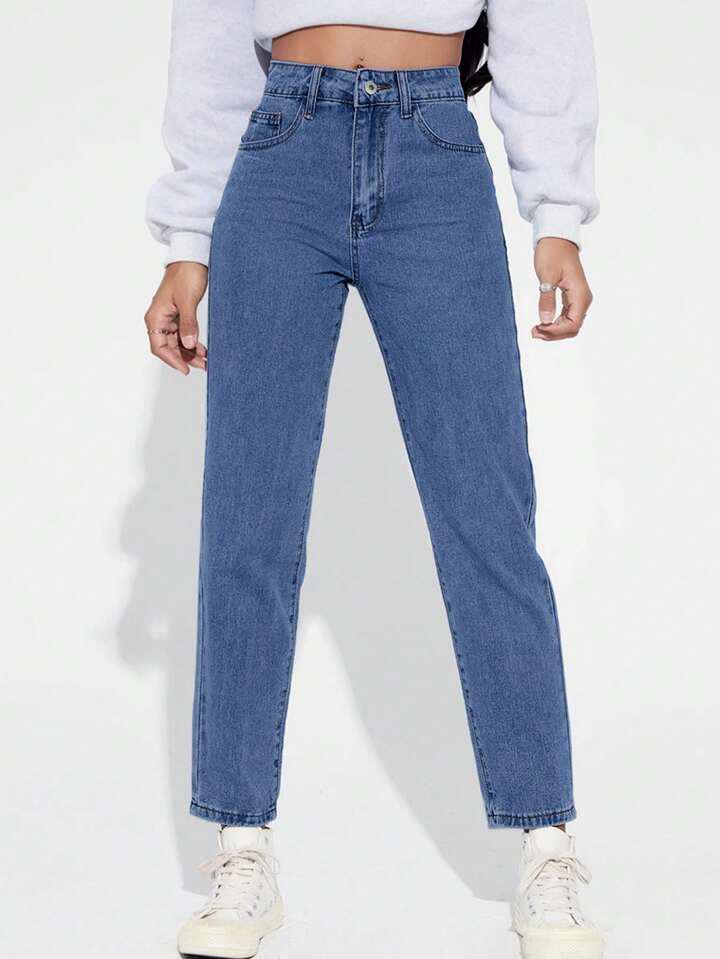 High Waist Stone Blue Mom Fit Denim Jeans