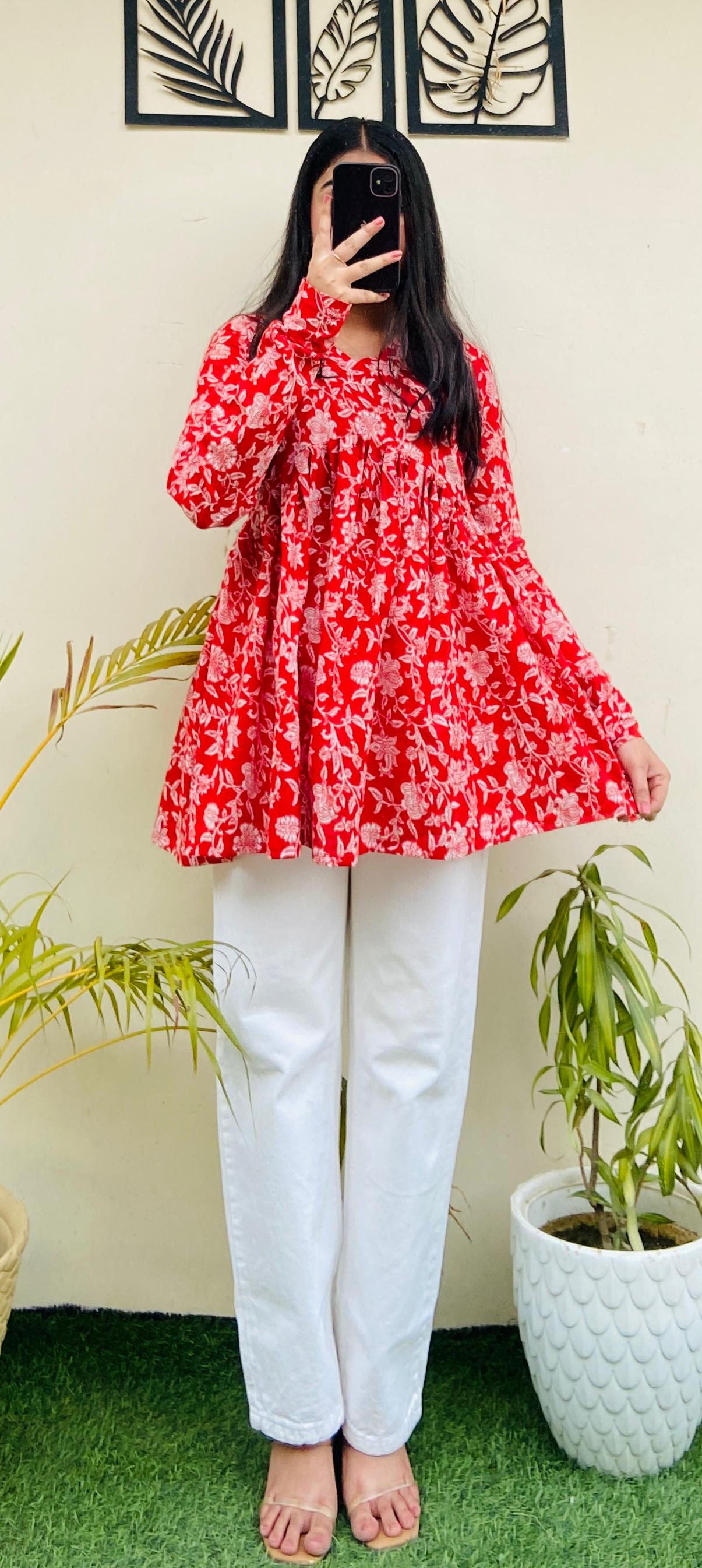 Cotton Flared Floral Print Aliacut Peplum Top