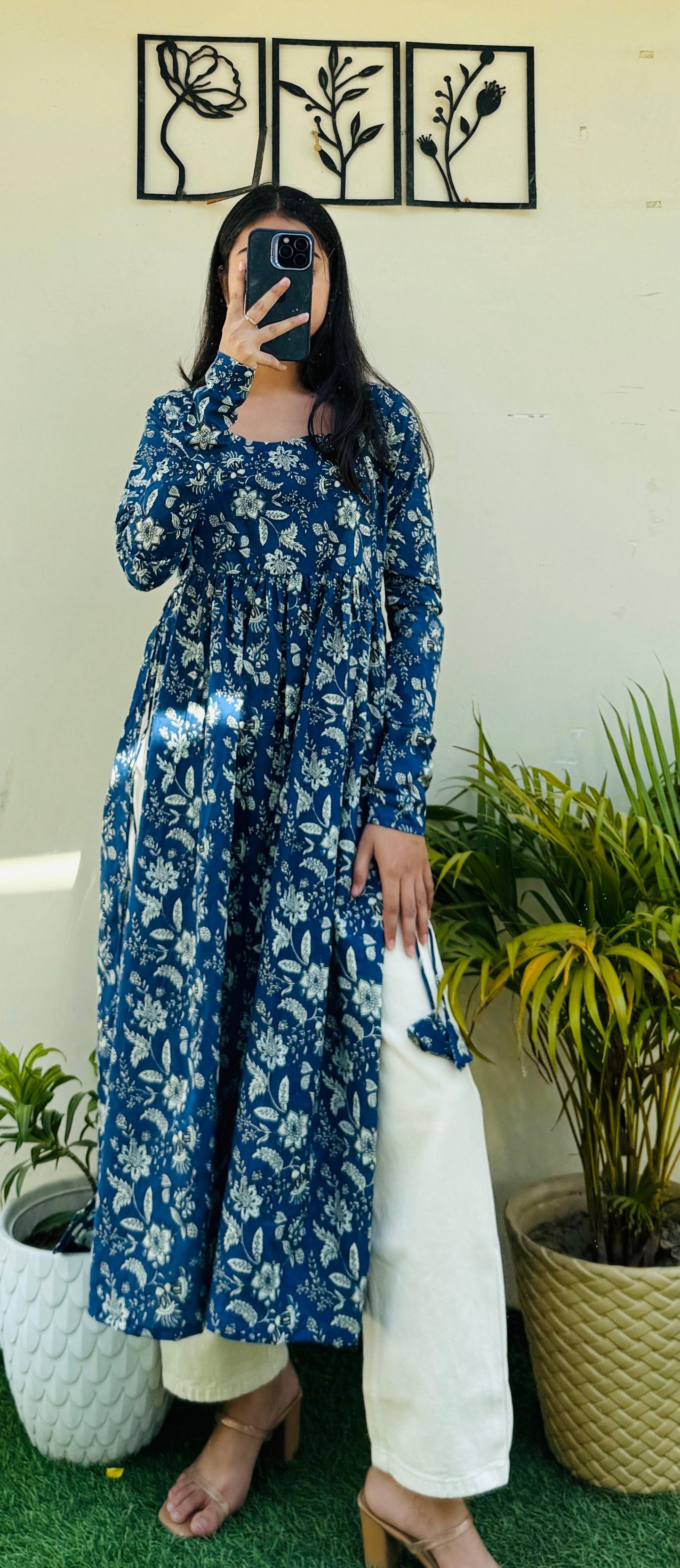 Cotton Full Sleeve Blue Nayra Cut Long Kurti