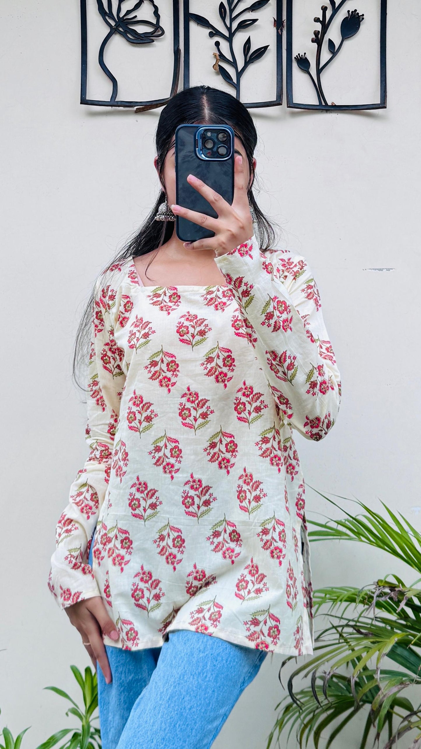 Cotton Cream Fullsleeve Short Kurti