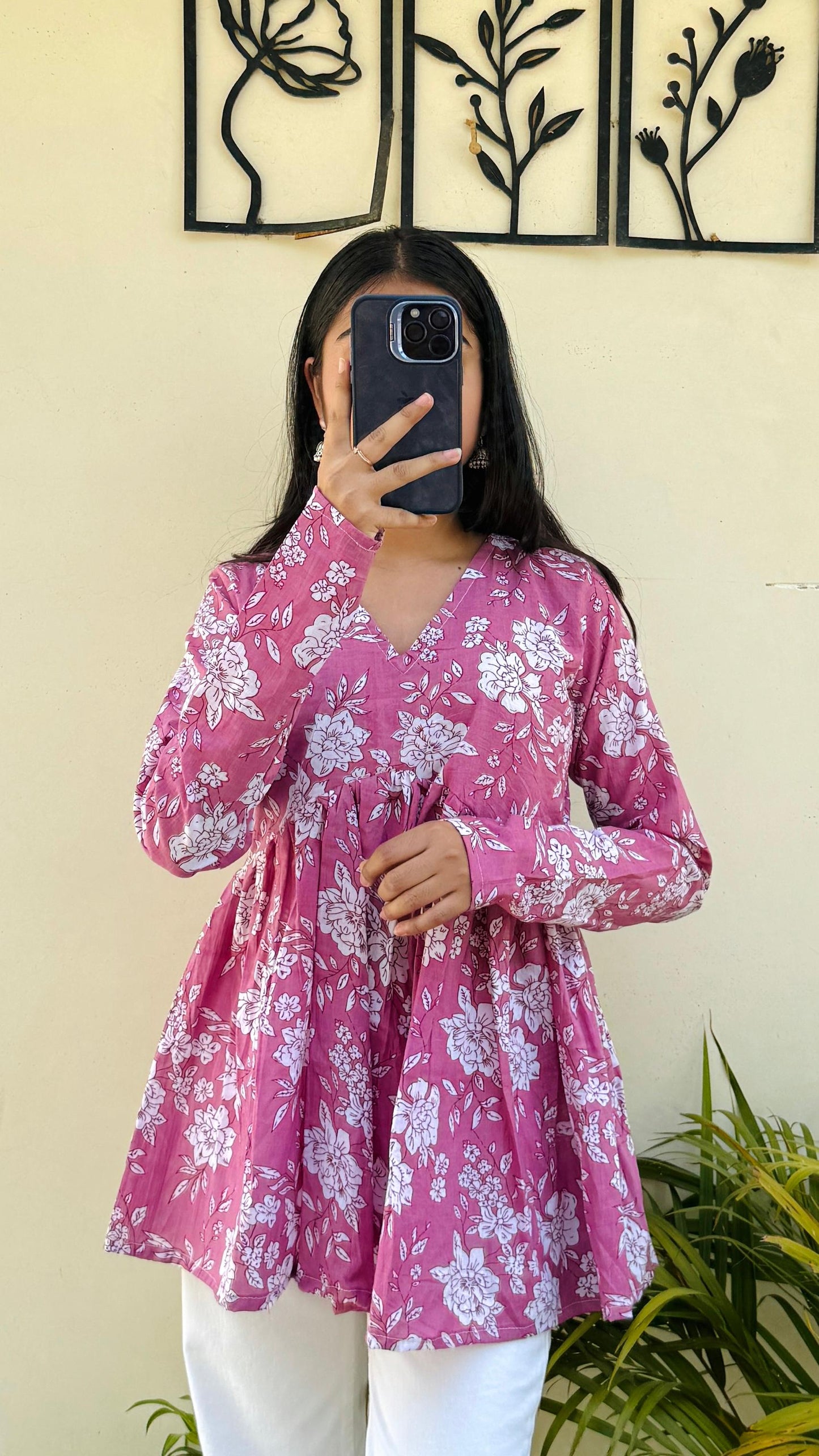 Cotton Pink Flared Floral Print Aliacut Peplum Top