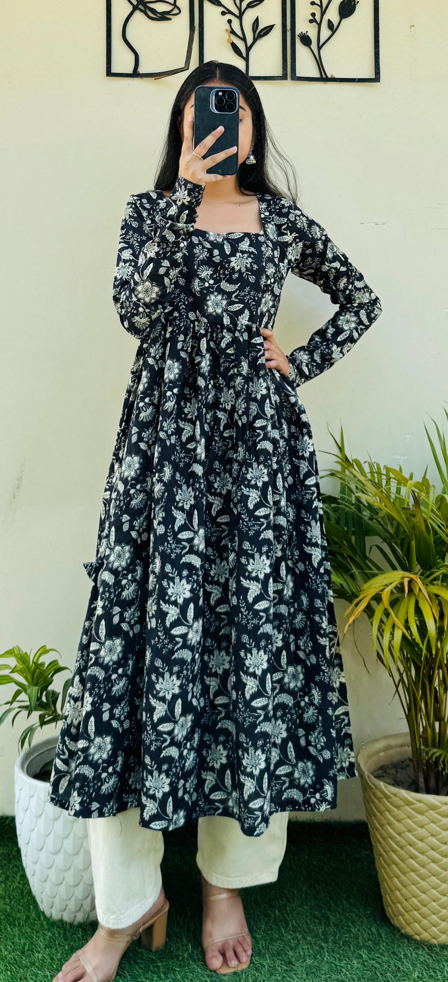 Cotton Full Sleeve Black Nayra Cut Long Kurti