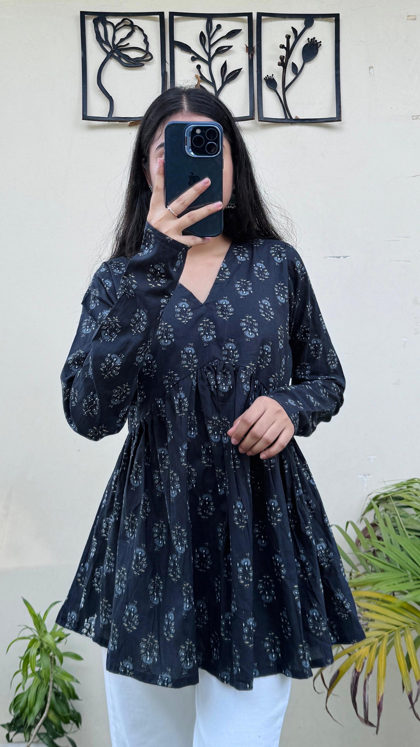 Cotton Black Flared Printed Aliacut Peplum Top