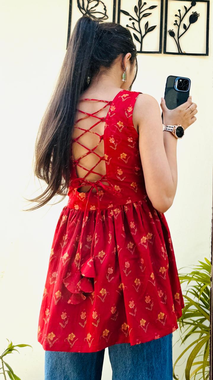 Cotton Flared Back Less Neck Design Short Kurti