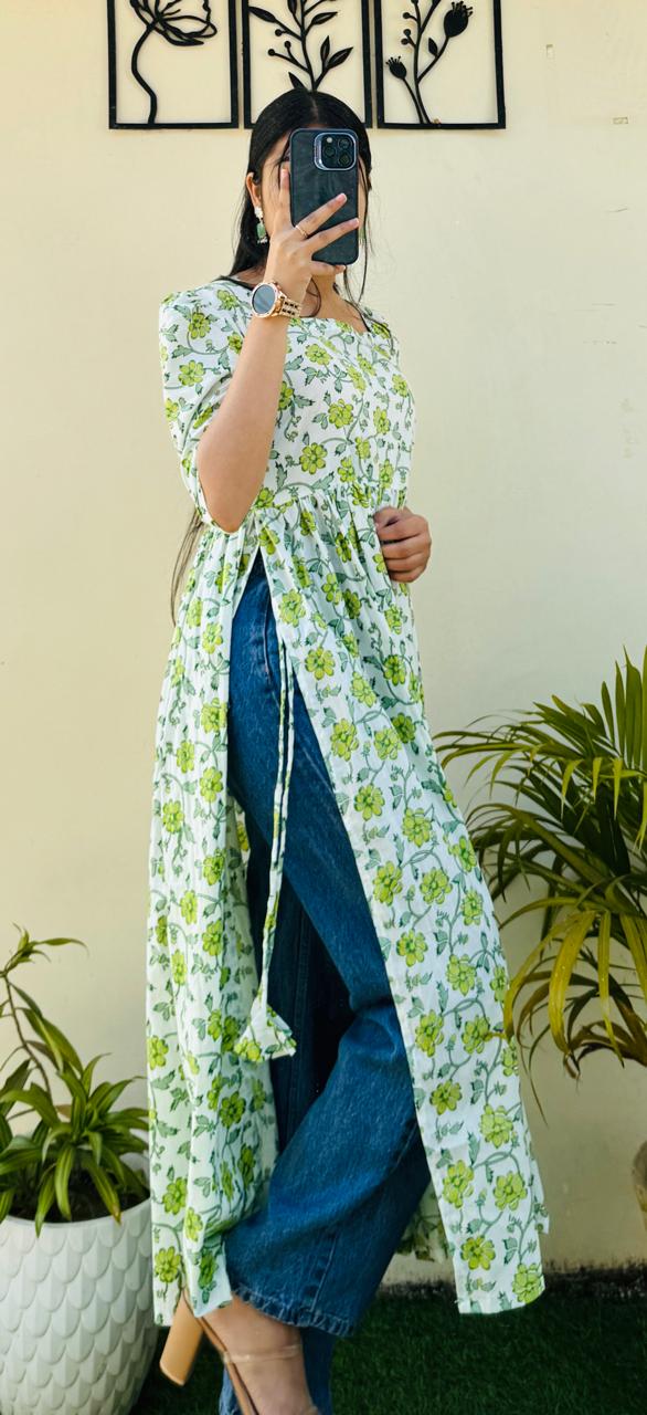 Cotton Printed White & Green Puff Sleeves Nyra Cut Long Kurti