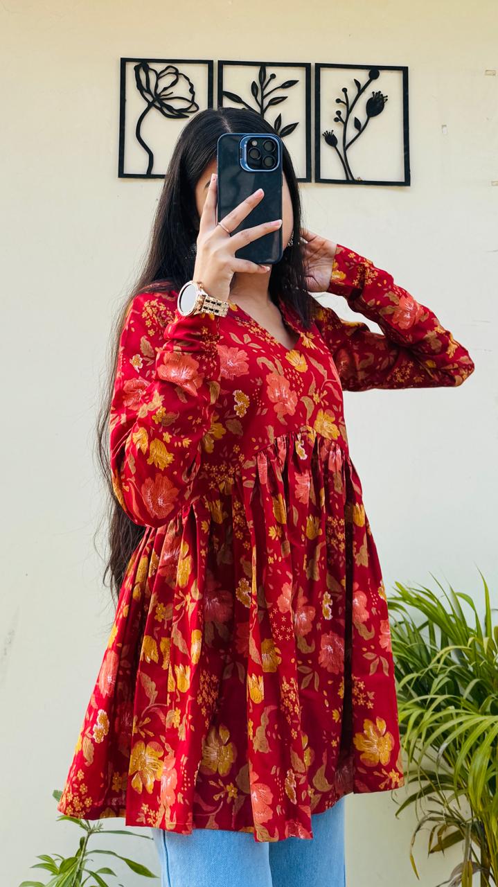 Cotton Flared Floral Print Aliacut Peplum Top