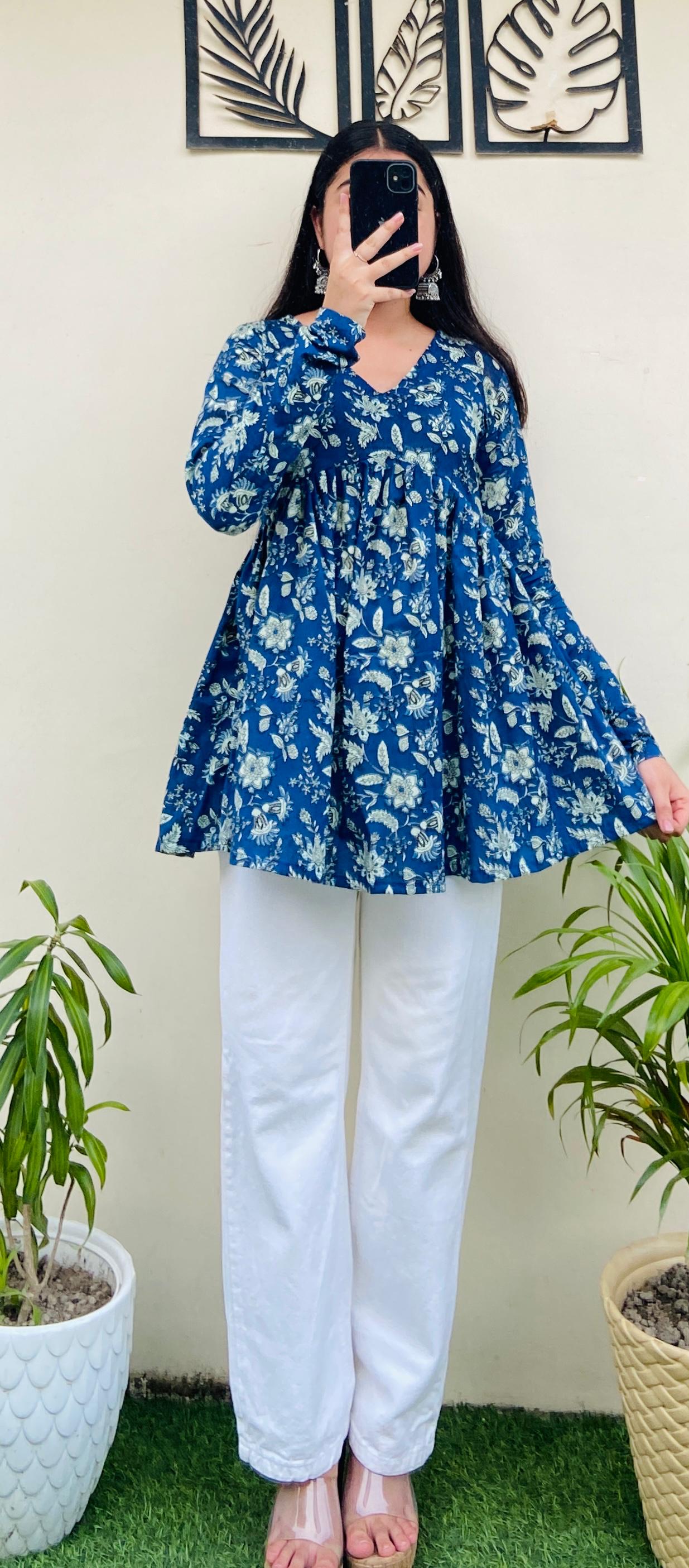 Cotton Flared Blue Floral Print Aliacut Peplum Top