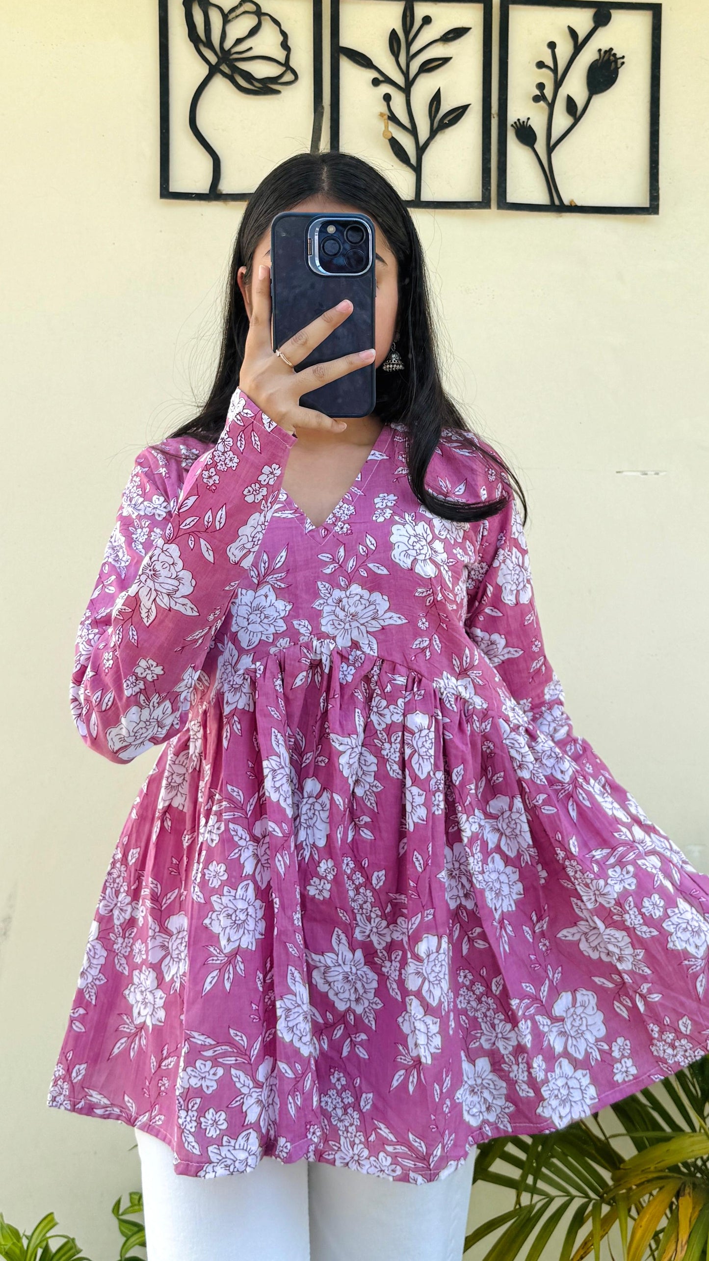 Cotton Pink Flared Floral Print Aliacut Peplum Top