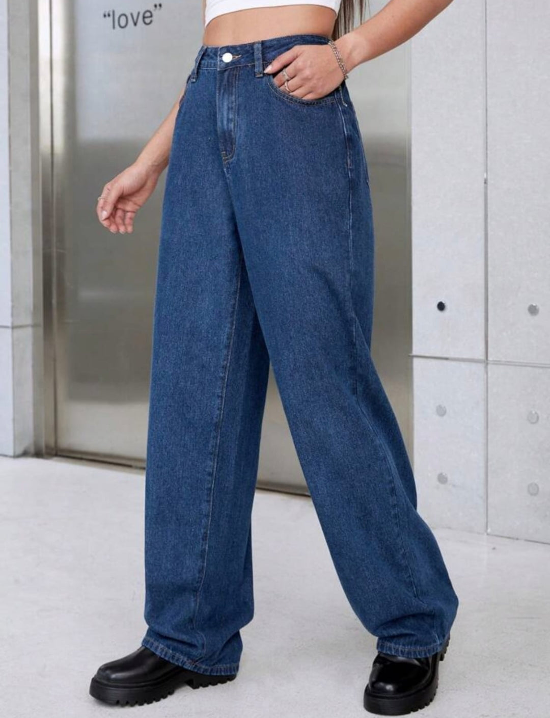 High Waist Dark Blue Wide Leg Deni