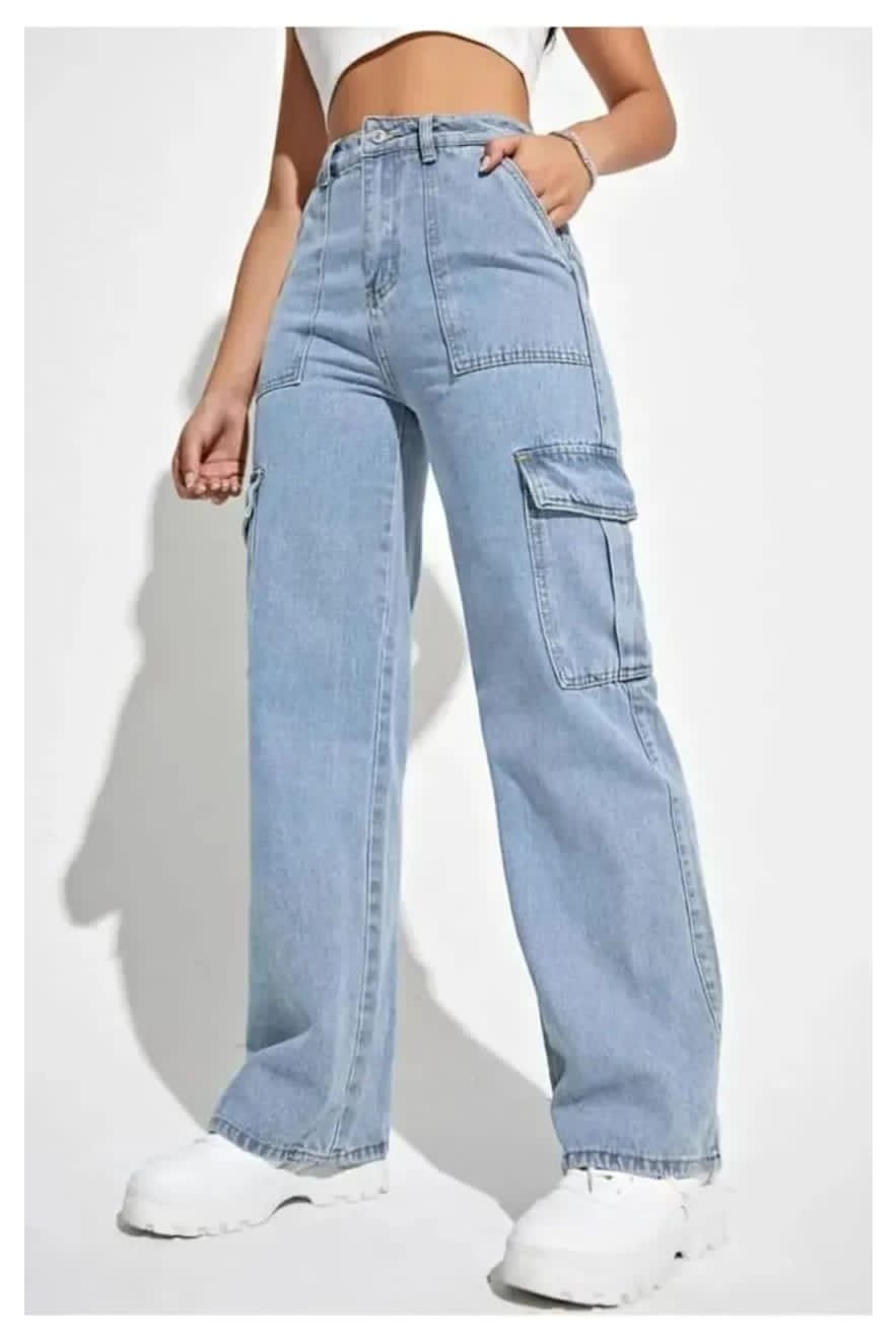 High Waist Six Pocket Ice Blue Cargo Wide Leg Denim
