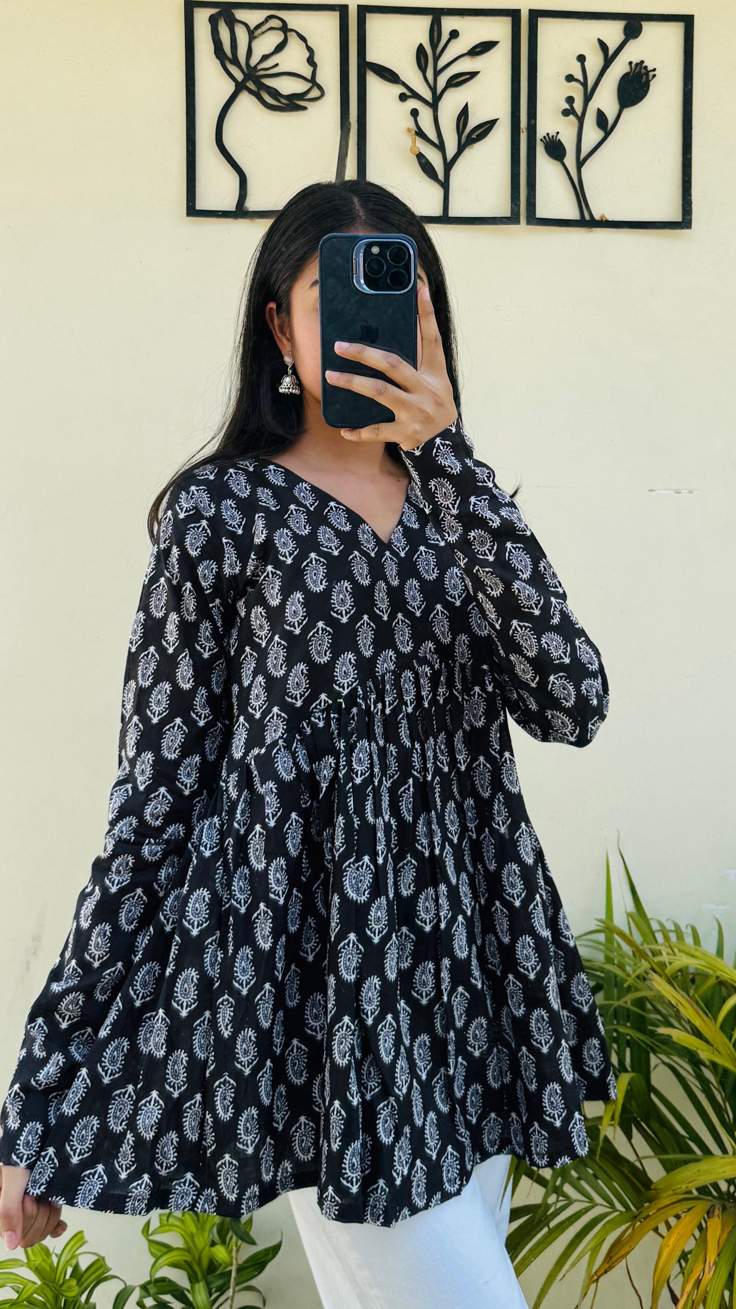 Cotton Black Flared Printed Aliacut Peplum Top