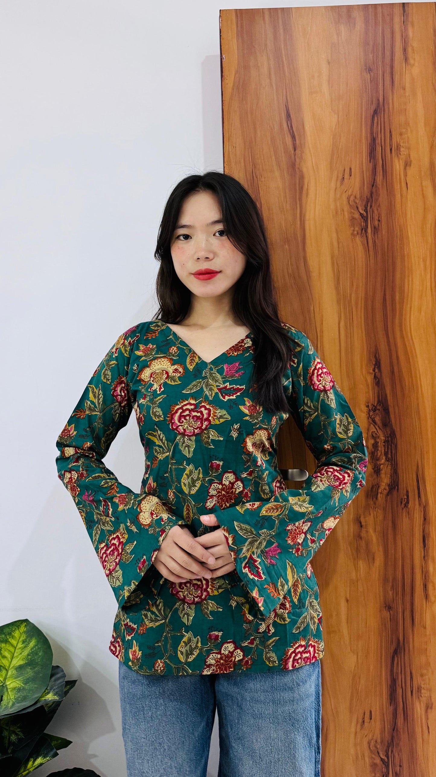 Cotton Bell Sleeves Back Crisscross Design Short Kurti