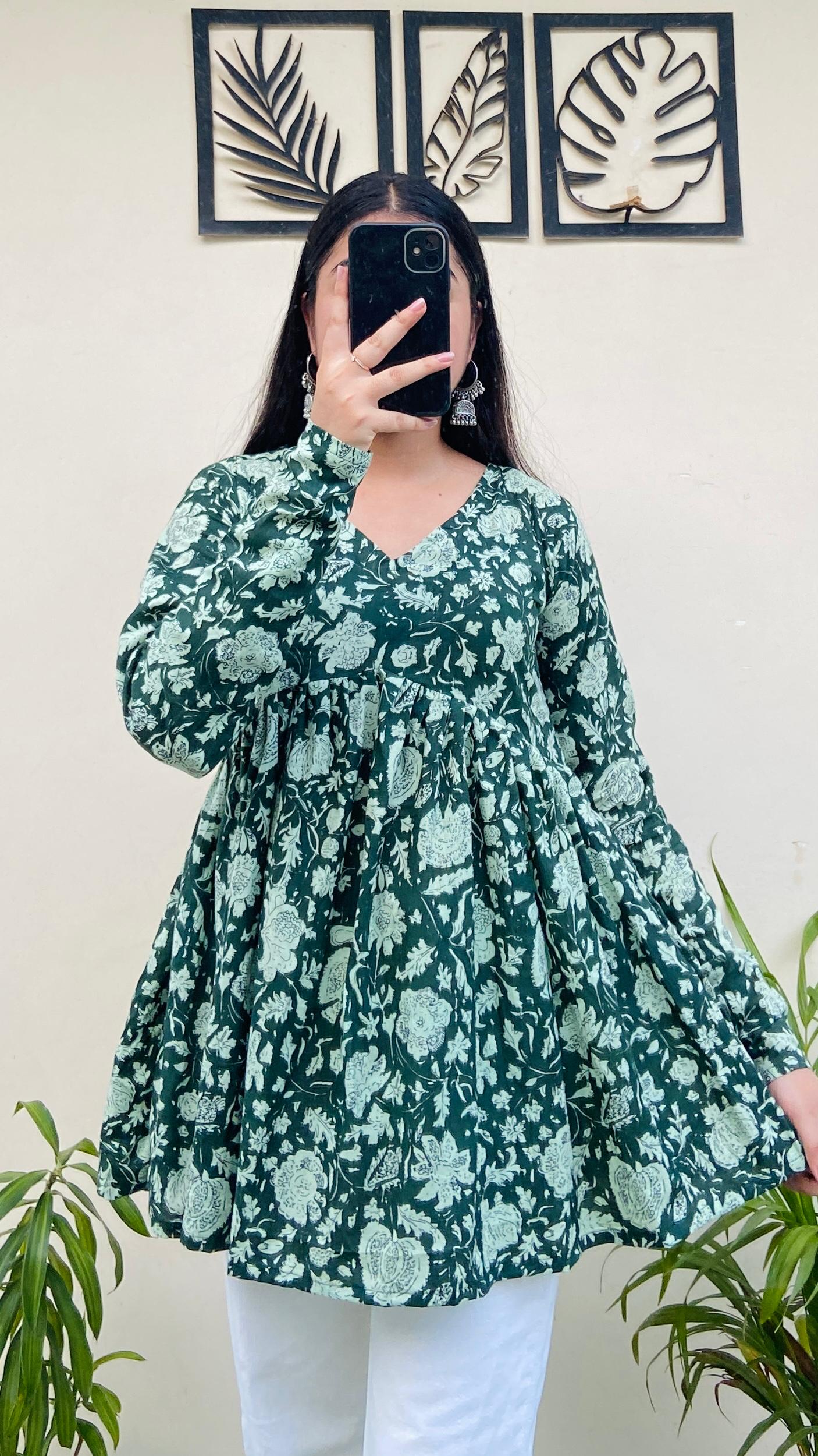 Cotton Flared Green Floral Print Aliacut Peplum Top