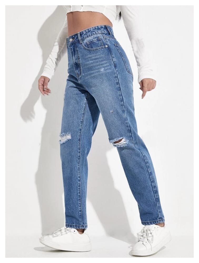 High Waist Knee Cut Ripped Stone Blue Mom Fit Wishker Denim Jeans