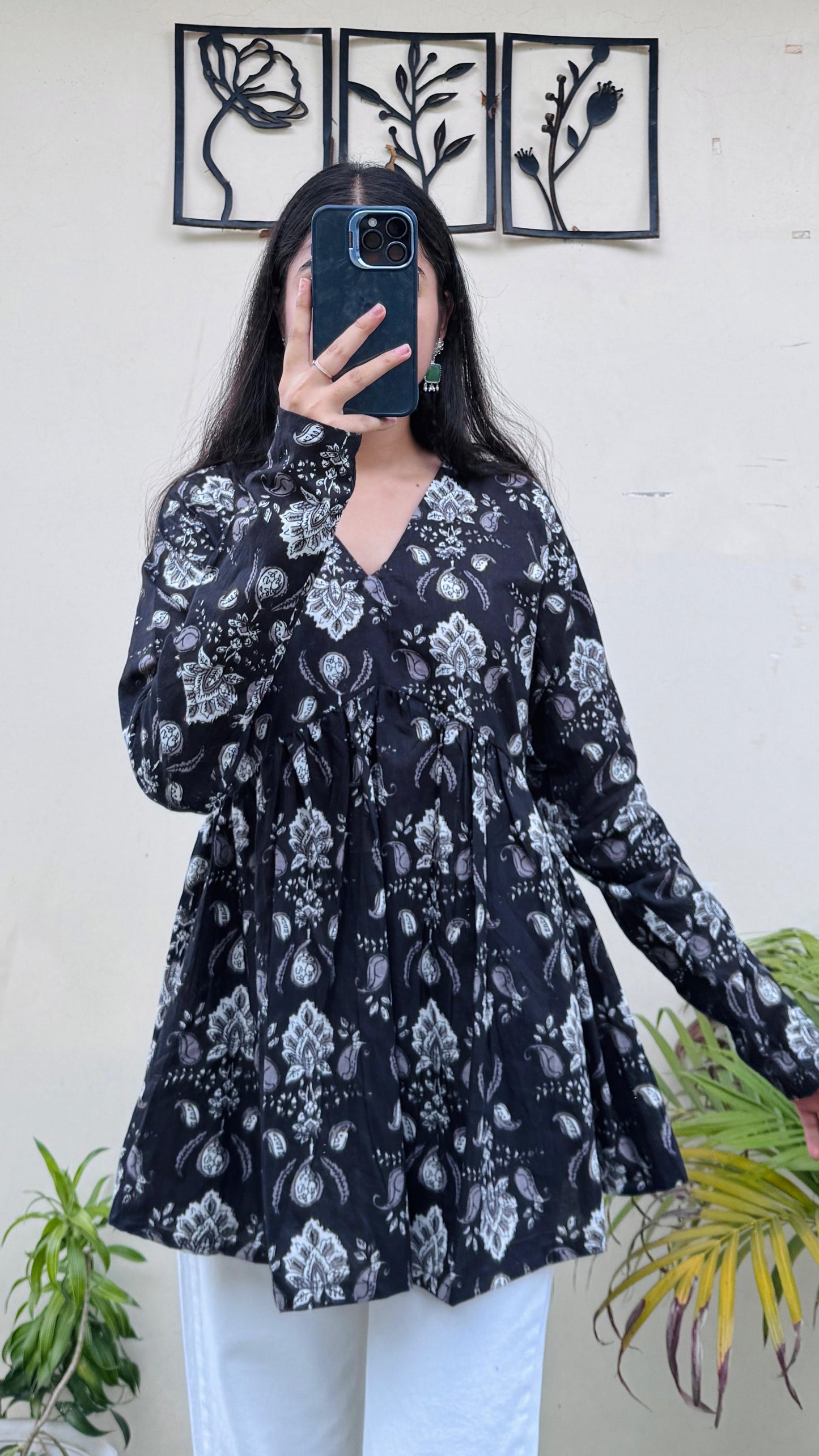 Cotton Black Flared Printed Aliacut Peplum Top