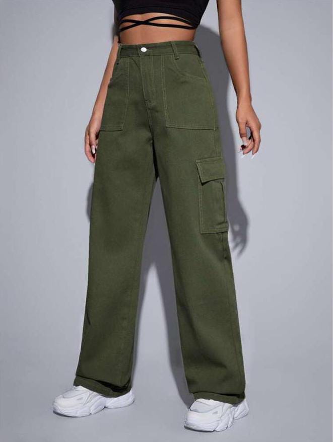 High Waist Six Pocket Olive Green Cargo Wide Leg Denim