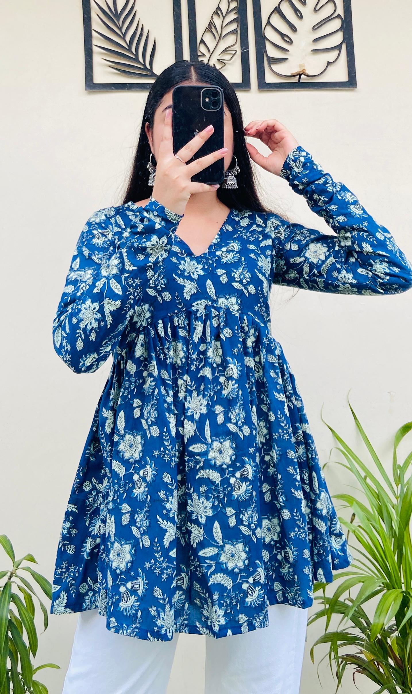 Cotton Flared Blue Floral Print Aliacut Peplum Top