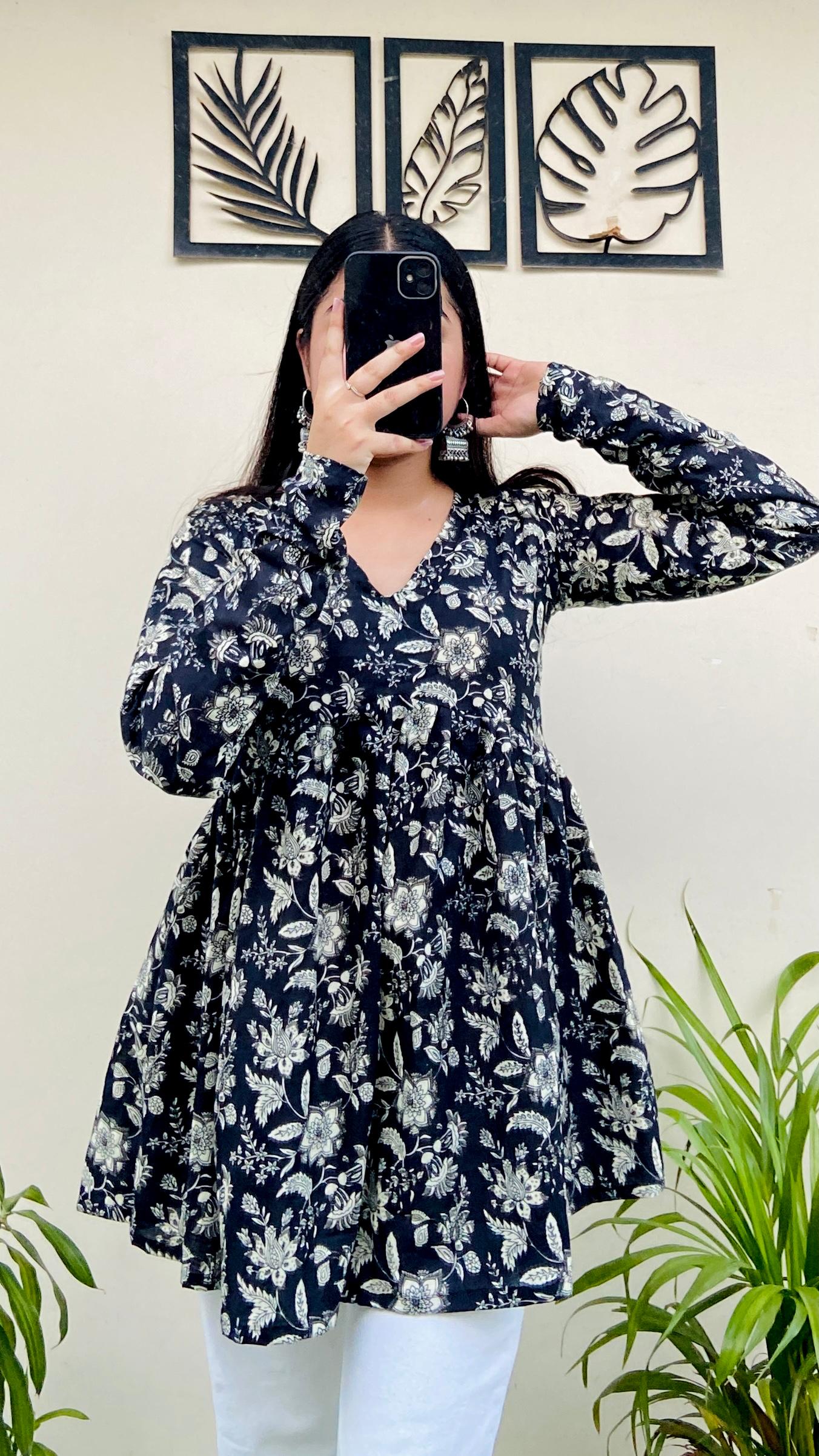 Cotton Flared Black Floral Print Aliacut Peplum Top